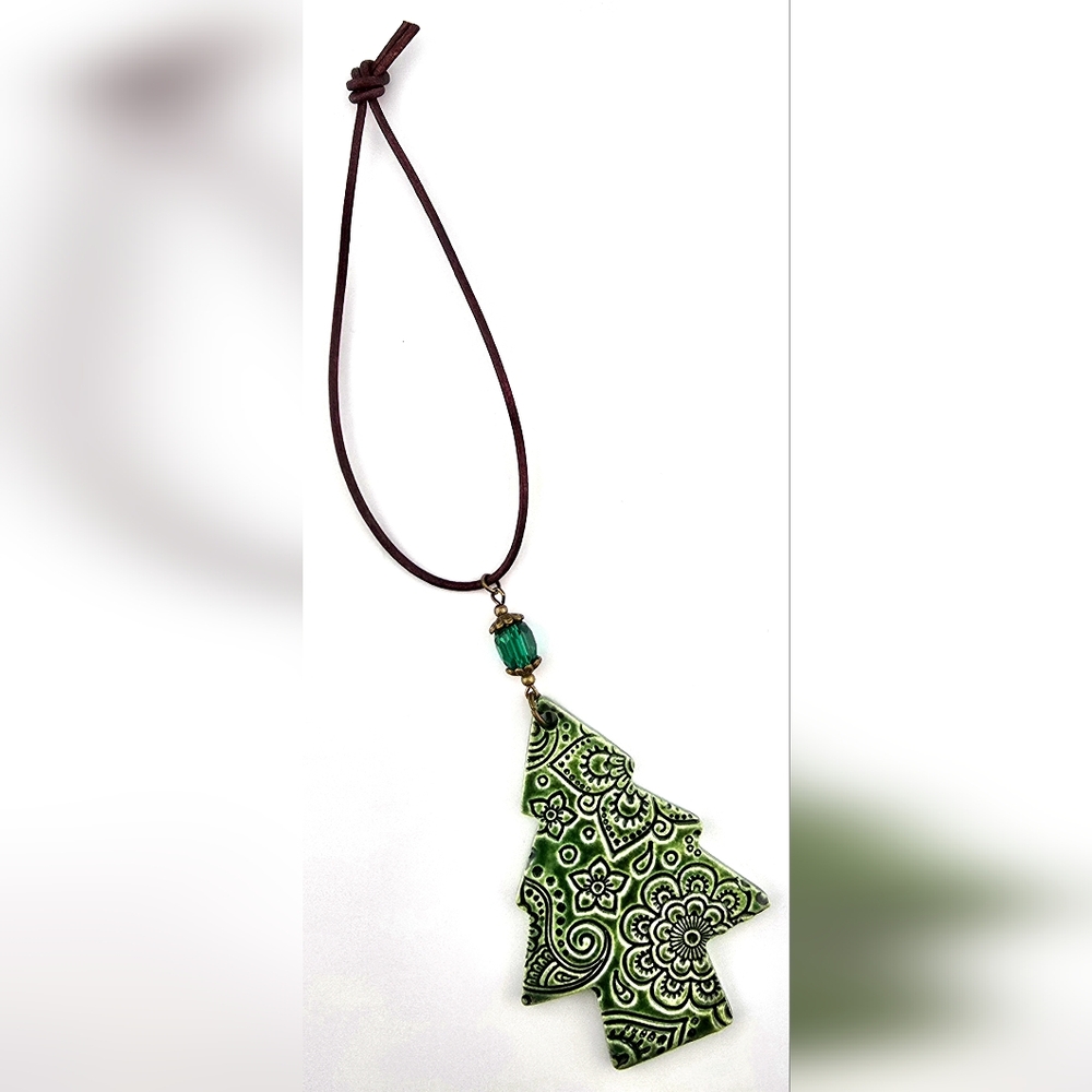 Handmade Kiln Fired Ceramic Christmas Tree Beaded Ornament with Leather Rope